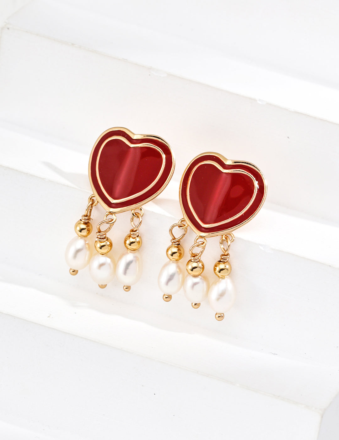 Romantic S925 Sterling Silver Coral Red Enamel Heart Earrings - Dangling Natural Pearls with Gold Accents