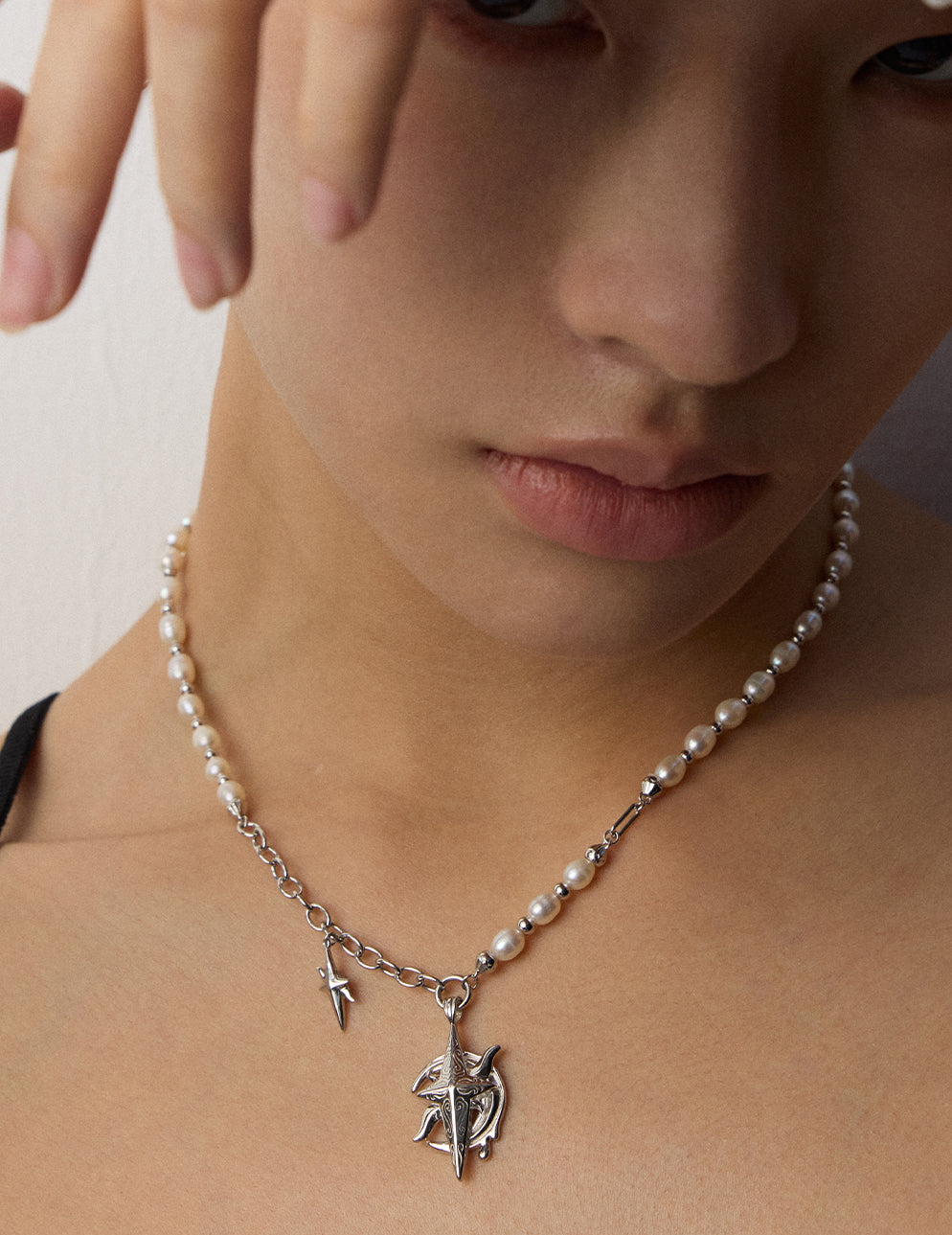 S925 Sterling Silver Vintage Pearl Necklace - "Luna Prophecy" - Mystic Moon & Star Tarot Jewelry