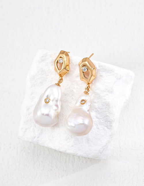 S925 Sterling Silver Baroque Pearl Earrings | Unique Geometric Modern Design with Baroque Charm | 18K Gold Accents & Sparkling Zircons (Varying Pearl Sizes)