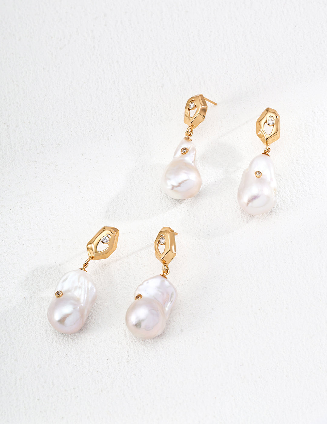 S925 Sterling Silver Baroque Pearl Earrings | Unique Geometric Modern Design with Baroque Charm | 18K Gold Accents & Sparkling Zircons (Varying Pearl Sizes)