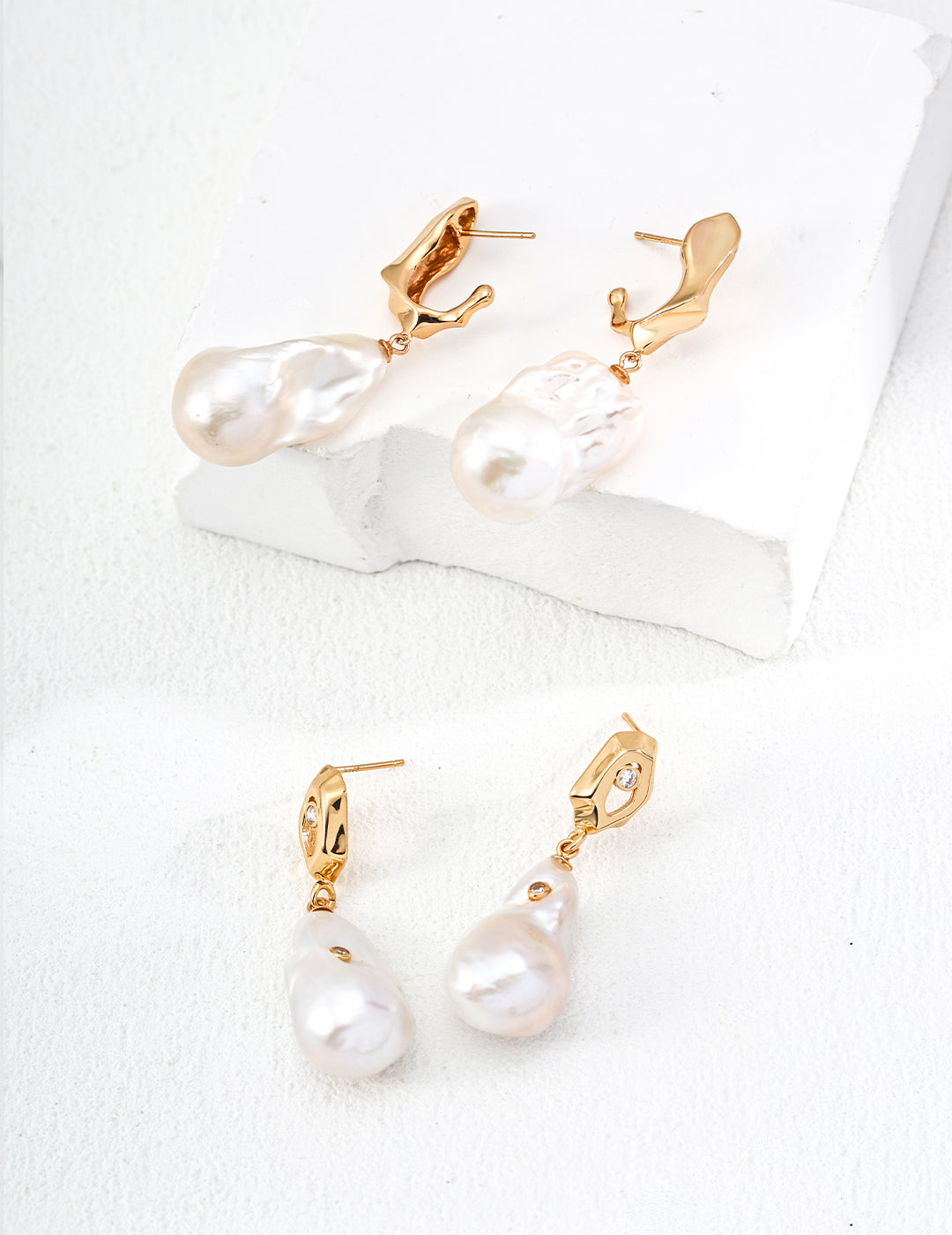 S925 Sterling Silver Baroque Pearl Earrings | Unique Geometric Modern Design with Baroque Charm | 18K Gold Accents & Sparkling Zircons (Varying Pearl Sizes)