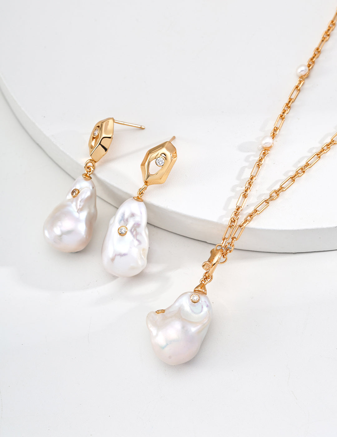 S925 Sterling Silver Baroque Pearl Earrings | Unique Geometric Modern Design with Baroque Charm | 18K Gold Accents & Sparkling Zircons (Varying Pearl Sizes)