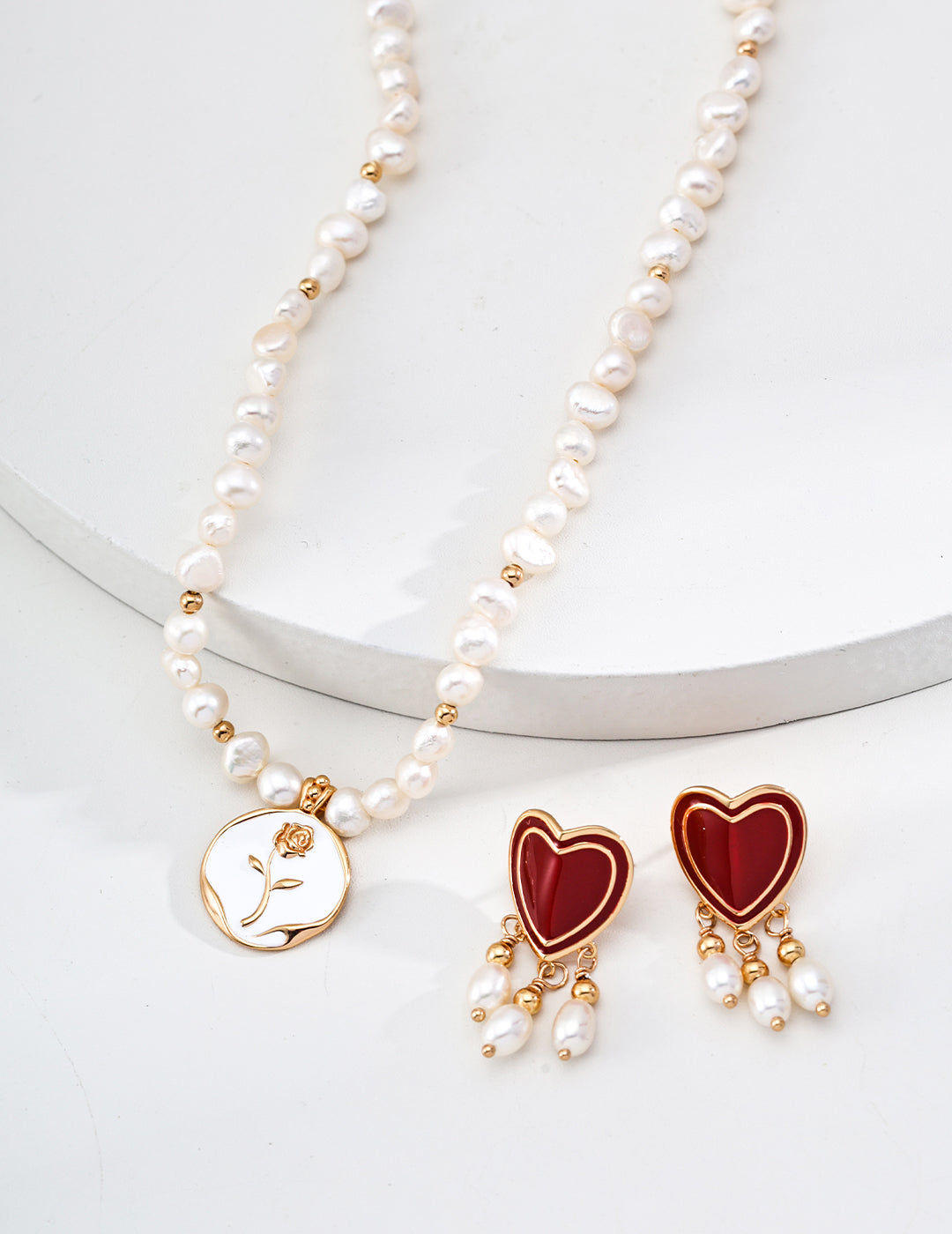 Romantic S925 Sterling Silver Coral Red Enamel Heart Earrings - Dangling Natural Pearls with Gold Accents