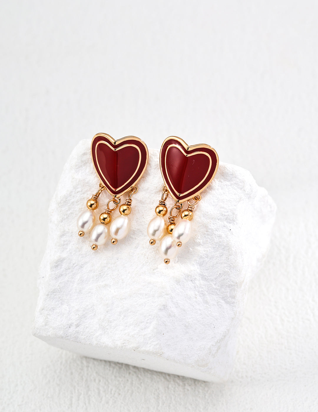 Romantic S925 Sterling Silver Coral Red Enamel Heart Earrings - Dangling Natural Pearls with Gold Accents