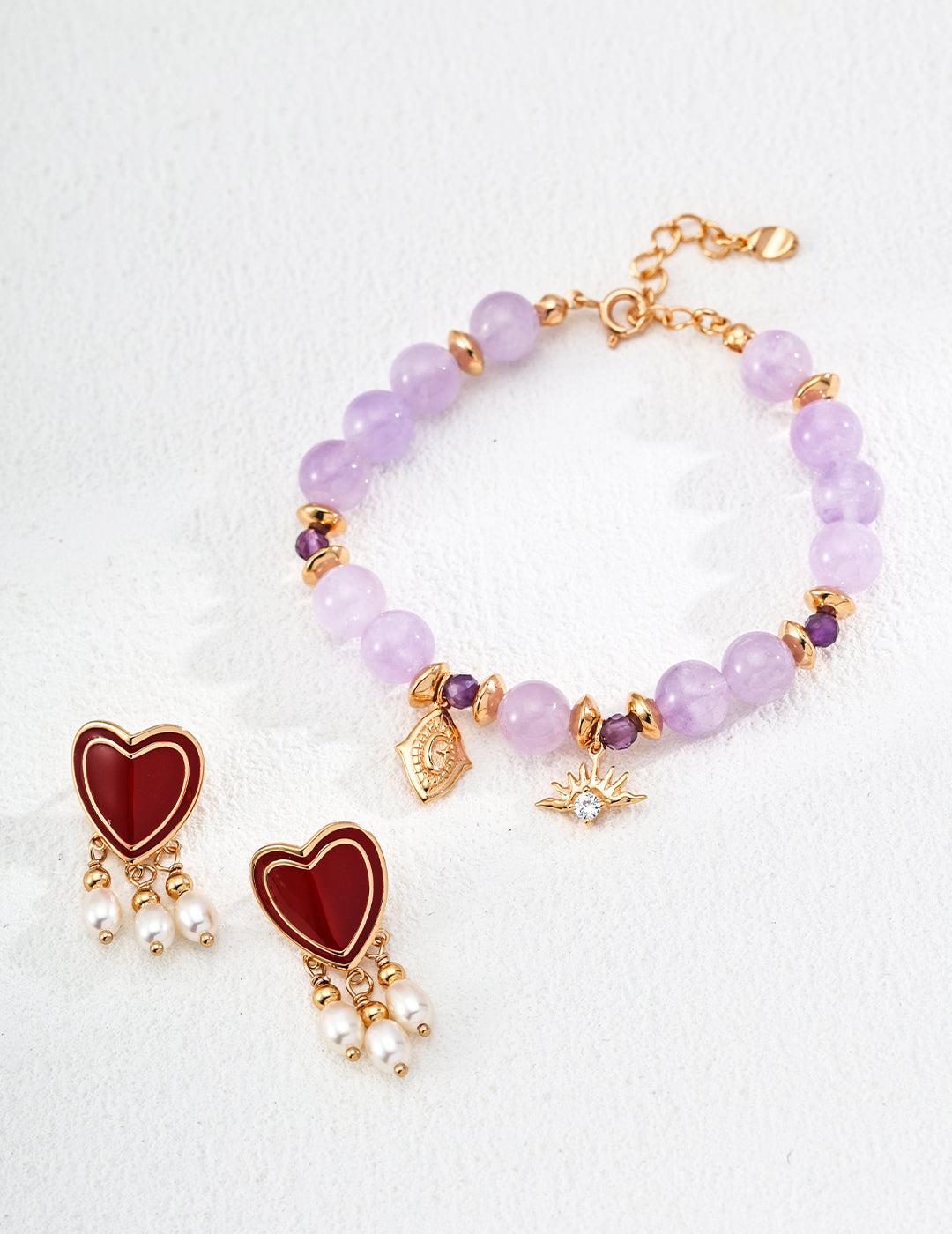 Romantic S925 Sterling Silver Coral Red Enamel Heart Earrings - Dangling Natural Pearls with Gold Accents