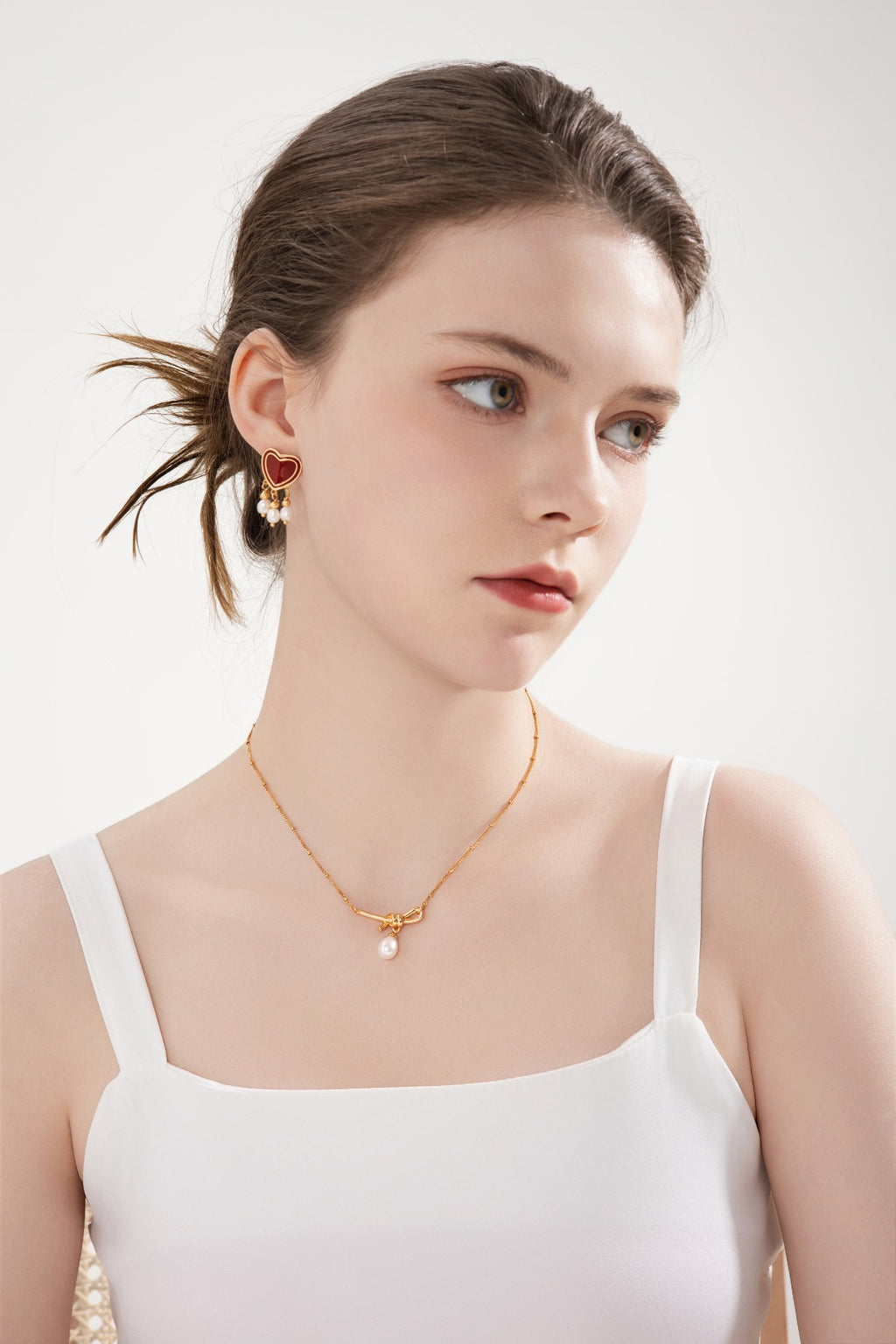 Romantic S925 Sterling Silver Coral Red Enamel Heart Earrings - Dangling Natural Pearls with Gold Accents
